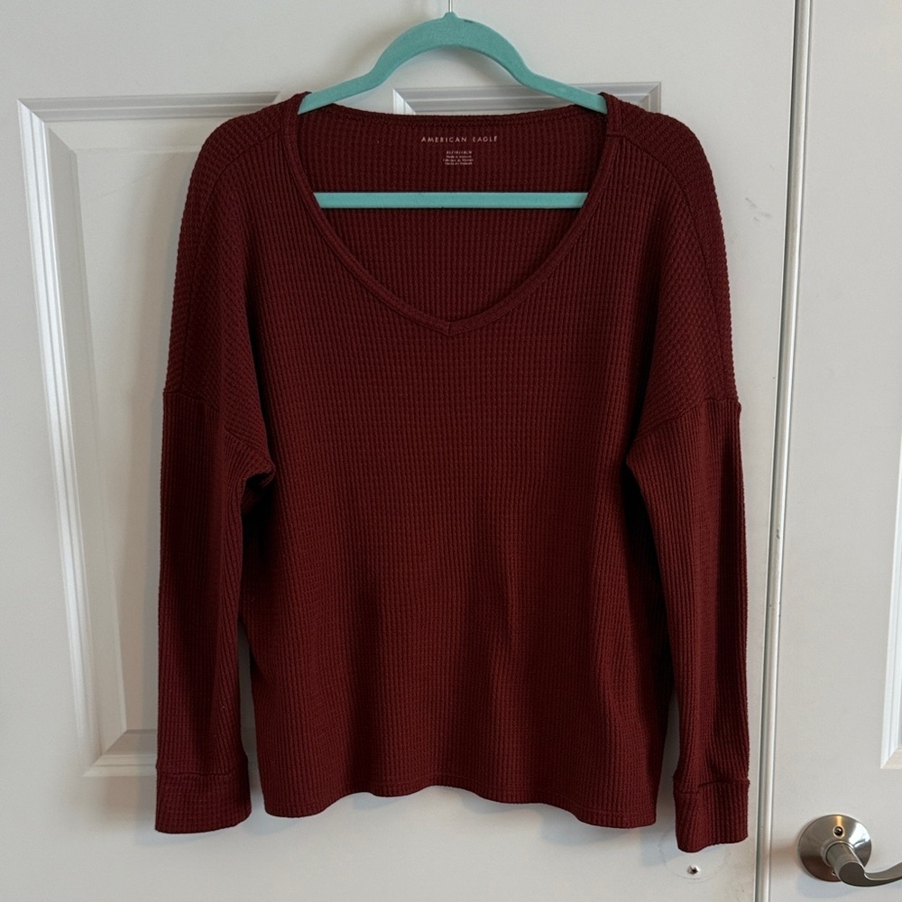 American Eagle Maroon Burgundy Oversized V-Neck Waffle Knit T-Shirt SZ XS